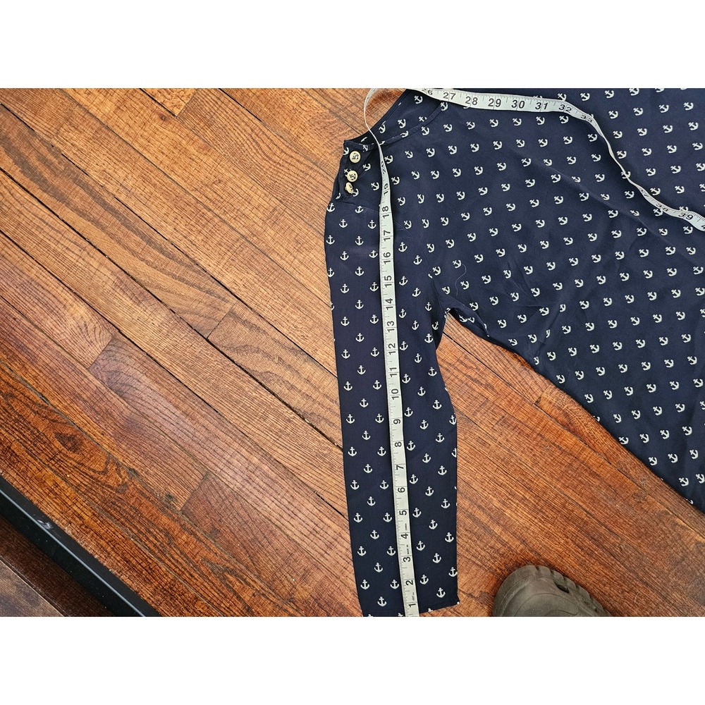 J.Crew Navy Ancor Print 100% Silk 3/4 Sleeve Lightweight Cottagecore Blouse sz00 - Picture 4 of 7